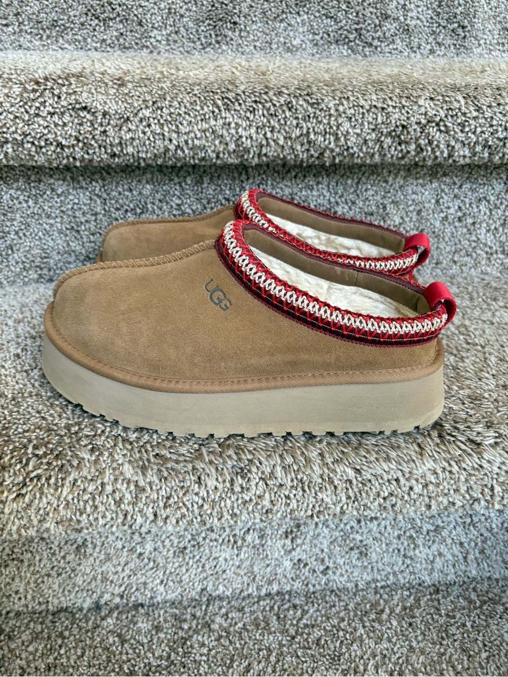 Ugg Women’s Tan Tan Suede Slip-On Shoes with Red Trim
